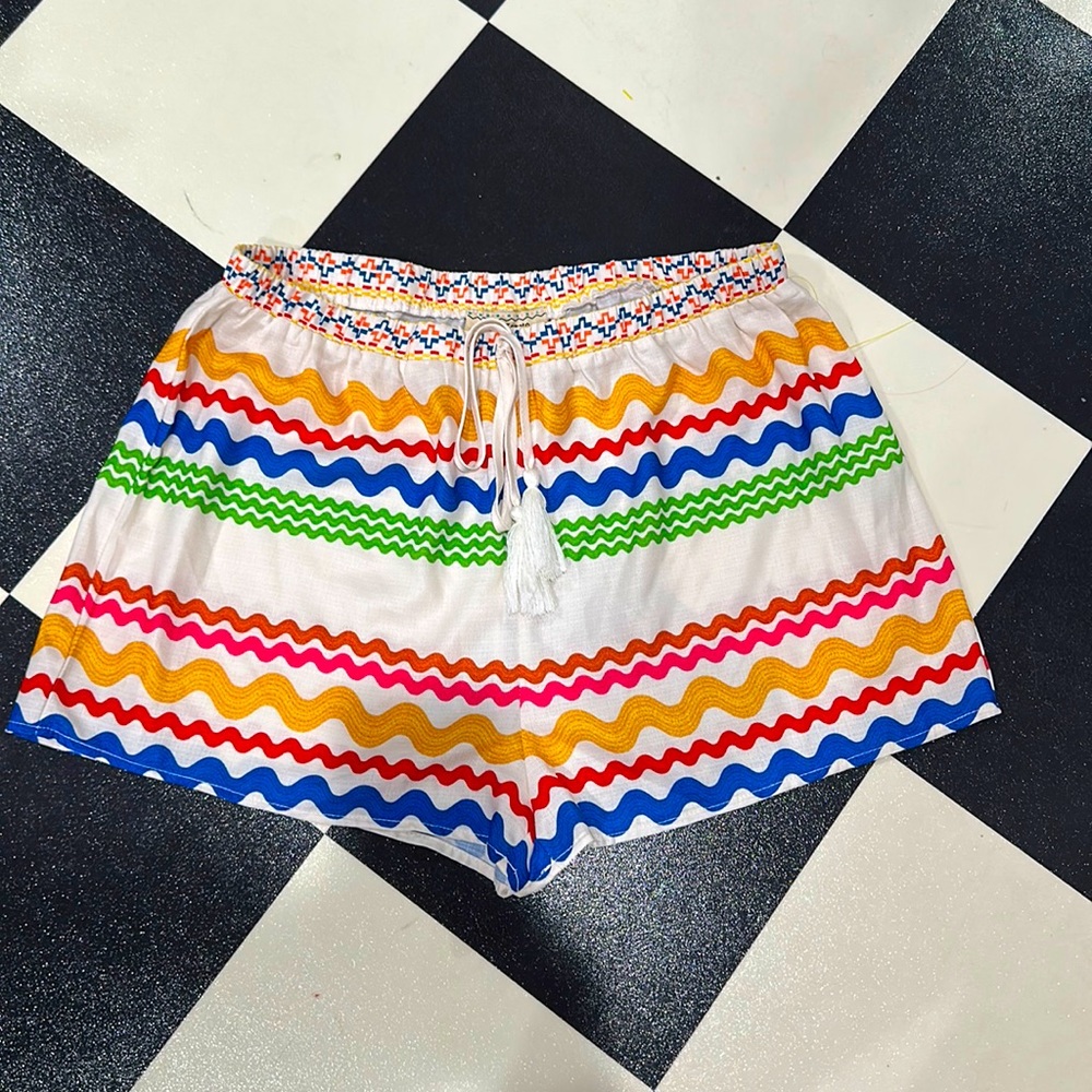 Flying Tomato La Cubana Multicolored Rickrack Print Front Tassels Shorts